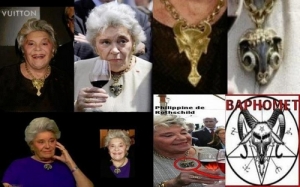 Frau Rothschild trägt stolz einen stilisierten goldenen Baphomet; kein Wunder, ihrer Familie gehören alle Zentralbanken aller Nationen; "Geld regiert die Welt" - Nein, Satan.